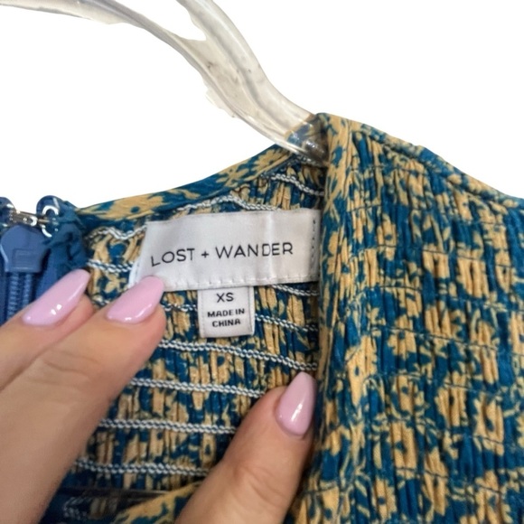 Lost + Wander Blossom Bloom Teal Gold Ditzy Floral Smocked Bodice Dress SZ XS - Picture 4 of 16